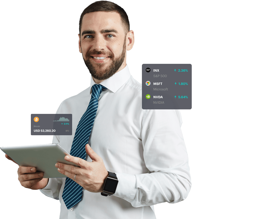 Trader holding a tablet with live market data