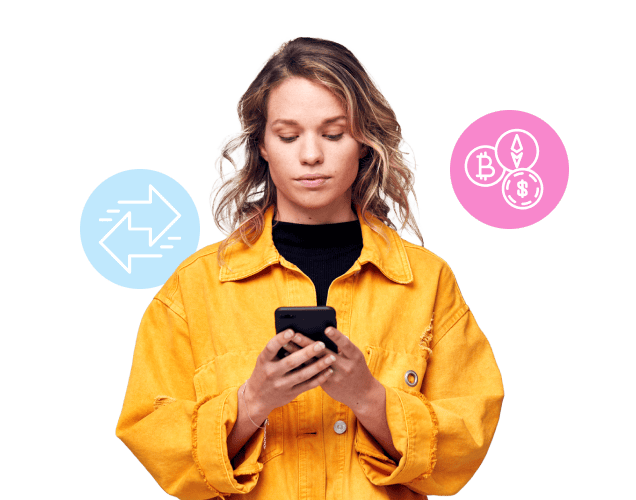 Client converting crypto on her phone